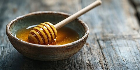 Fototapeta premium A close up of a bowl of honey accompanied by a honey dipper resting on a wooden table, showcasing the rich texture and natural color of the honey. Perfect for honey enthusiasts and culinary uses.