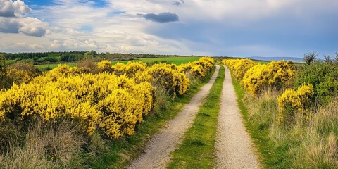Charming rural path lined with vibrant yellow gorse hedges, abundant with yellow flowers, creating a picturesque scene on a sunny day in the countryside. Enjoy the beauty of the yellow gorse 