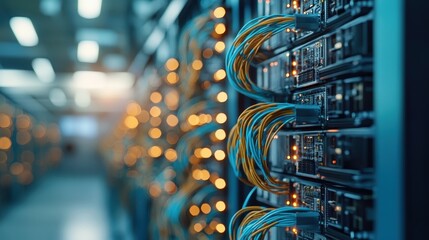 A futuristic high-tech server room filled with glowing network cables, showcasing advanced technology and emphasizing the significance of digital connectivity.