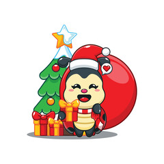 Cute ladybug as a santa claus carrying bag of presents in Christmas day.