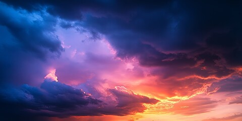 Fototapeta premium Dramatic dark blue and violet sky showcases a stunning orange sunset during the evening, creating a captivating view of the vibrant colors in the sky at twilight.