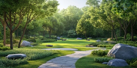 Forest park surrounded by lush greenery, offering a serene escape into nature. This tranquil forest park is ideal for relaxation and exploration, showcasing beautiful landscapes in a peaceful setting.