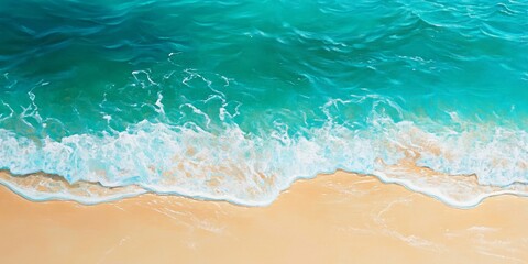 Blue green turquoise water gently laps against a sandy beach, creating a serene atmosphere. The vibrant blue green turquoise water invites relaxation and tranquility on the beautiful sandy beach.