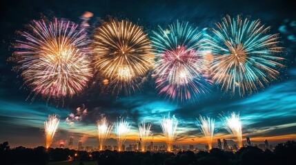 A vibrant fireworks display illuminates the night sky over a city skyline.