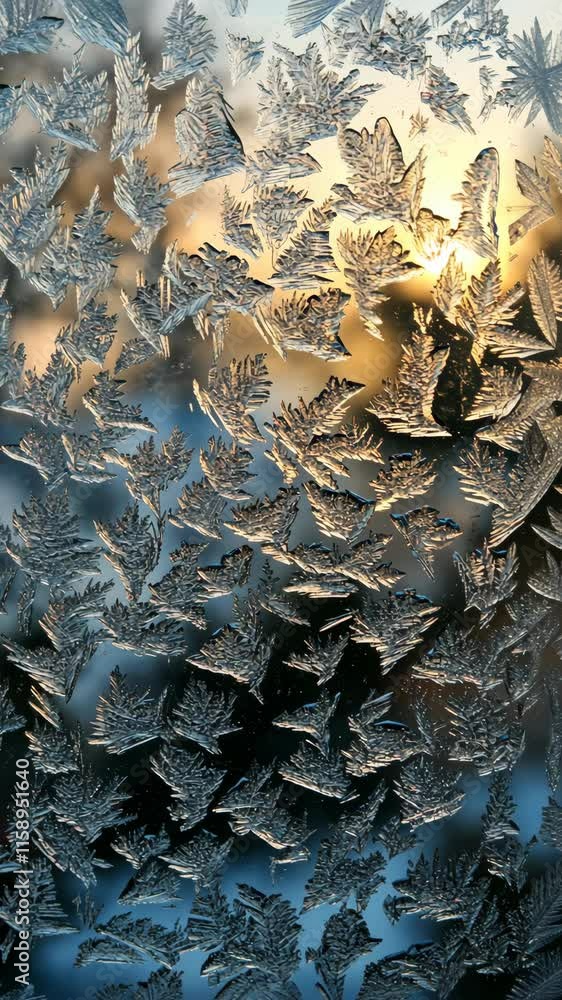 Poster Frost patterns on glass with warm light filtering through in a winter morning setting