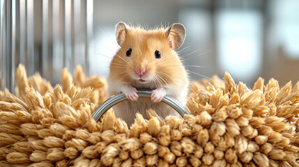 cute hamster peeking over metal ring surrounded by golden grains, showcasing its playful nature and curiosity. This adorable scene captures essence of small pets