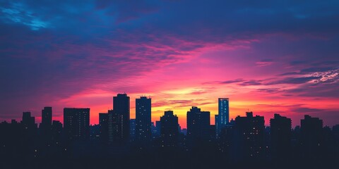 Fototapeta premium Stunning glow of the sky and the silhouette of buildings create a captivating scene during sunset, showcasing the beautiful blend of colors in the sky and the outlines of the buildings.