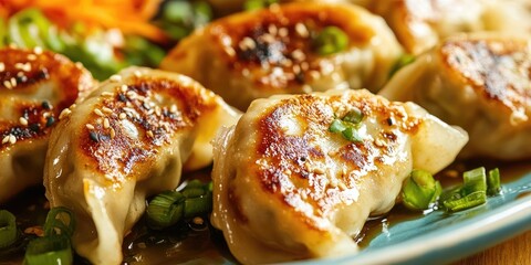 Close up of delicious pot stickers on a plate, showcasing their tempting appearance and the vibrant colors typical of Asian cuisine, highlighting pot stickers as a favorite dish.
