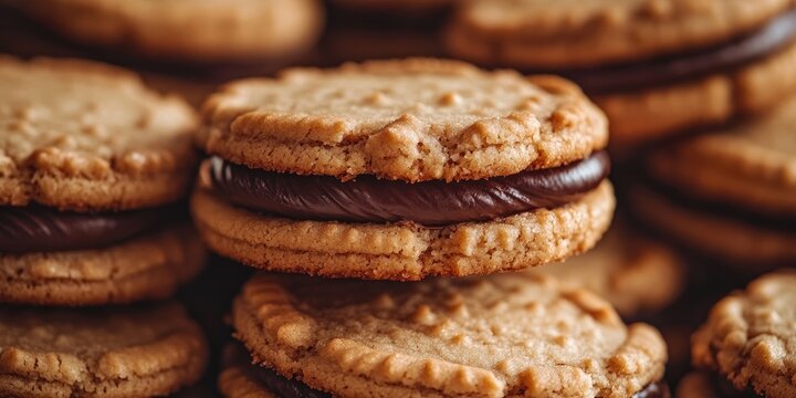 Delicious and crunchy cookies with a rich chocolate filling, featuring a close up of fresh sandwich cookies showcasing their delightful texture and taste. Enjoy the goodness of fresh crunchy cookies  - Powered by Adobe