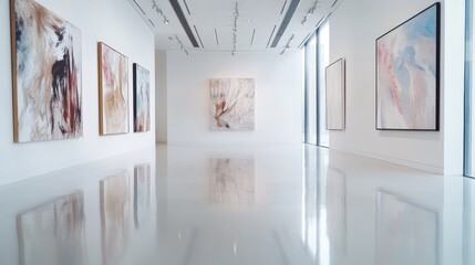 A minimalistic art gallery, featuring abstract white paintings on glossy floors and bright lighting, encourages viewers to engage in reflective thought and appreciation.