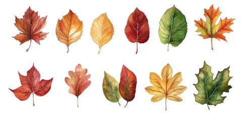 Obraz premium Watercolor botany collection featuring a variety of autumnal leaves isolated on a clean white background, perfect for seasonal products, holiday designs, and greeting cards showcasing autumnal beauty.