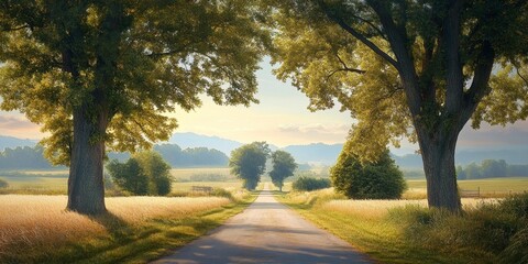 Obraz premium Scenic landscape featuring a tranquil country road, showcasing the beauty of nature along a peaceful country road, inviting exploration and admiration of the scenic landscape.
