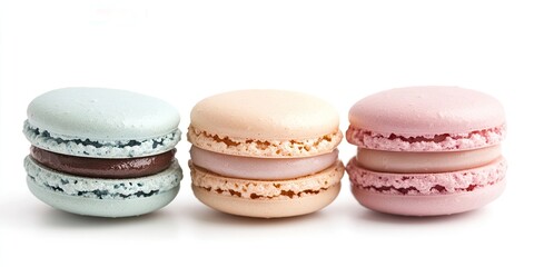 Obraz premium Delicious pastel colored macarons beautifully displayed against a white backdrop, showcasing the allure of these delectable macaron pastries for an enticing visual treat.