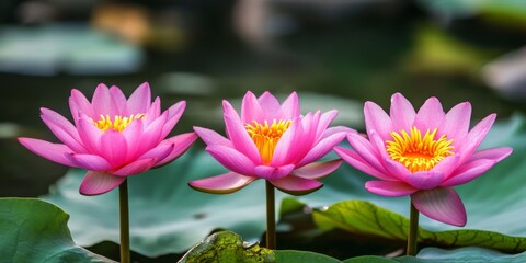 Obraz premium Vibrant pink lotus flowers showcase stunning yellow pollen amidst a serene pond, creating a captivating scene featuring the enchanting pink lotus and its exquisite yellow pollen.
