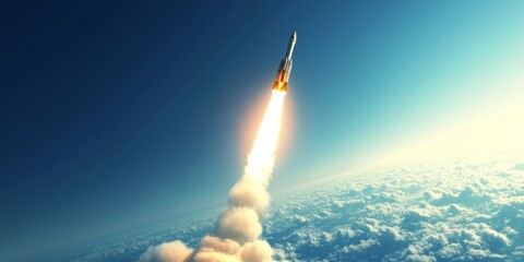 Military rocket soaring high into the blue sky, showcasing the incredible power and engineering of military rockets as it ascends towards the limitless expanse of the azure sky.