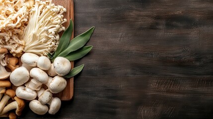 This image showcases a variety of mushrooms, including white and exotic types, beautifully arranged with sage leaves on a rustic wooden cutting board.