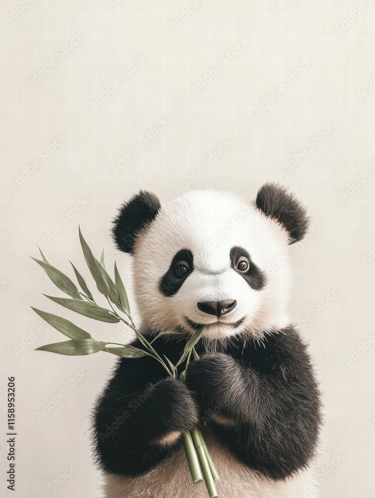 Fototapete cute panda joyfully holding fresh bamboo with soft background and ample copy space available for tex