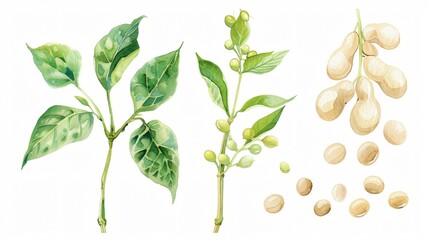 Vibrant Watercolor Soy Plant Illustration for Botanical Designs