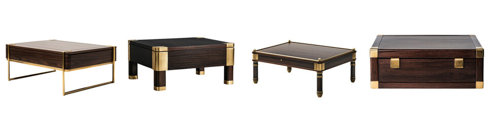 This image showcases a curated collection of elegant and functional wooden furniture pieces  including a coffee table  end tables  a storage chest  and decorative accents