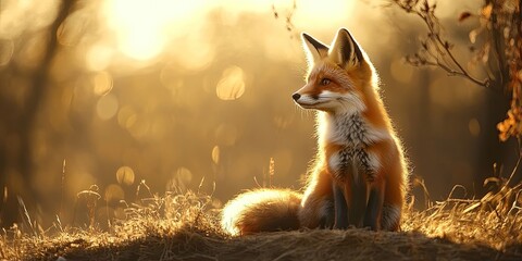 Obraz premium Young red fox illuminated by backlight, showcasing its vibrant fur and playful demeanor in a natural setting, embodying the essence of a young red fox in its environment.