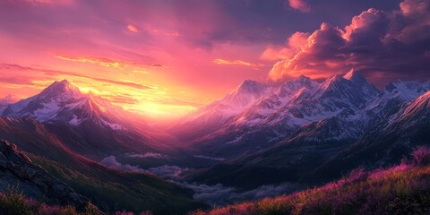 Stunning mountains illuminated by a mesmerizing sunset create a breathtaking landscape. The beautiful mountains and their vibrant sunset hues offer a serene and captivating view of nature.