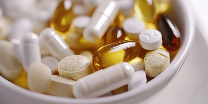 A white tablespoon features soft gel capsules of D3 alongside a scattering of various pills. The D3 capsules stand out among the abundant pills, highlighting their nutritional importance.