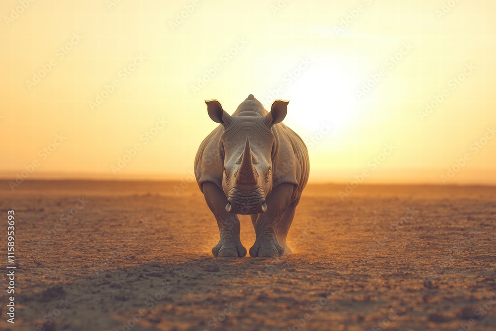 Poster close up of a rhino in a barren savanna during sunset with ample space for text. generative ai