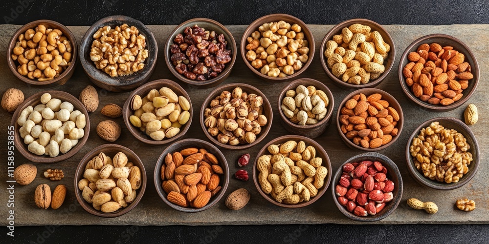 Poster an extensive selection of nuts arranged in various bowls on a textured stone table, showcasing the d