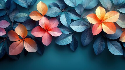 Obraz premium Close-up of vibrant flowers against blue backdrop, featuring a central red bloom surrounded by blue and orange foliage