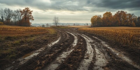 Naklejka premium Autumn rains have transformed the agricultural field, creating mud and ruts from vehicle movement. These conditions render the agricultural field challenging for car transit during autumn.