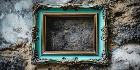 Vintage multicolored ornate frame for picture displayed against a textured stone wall, creating a...