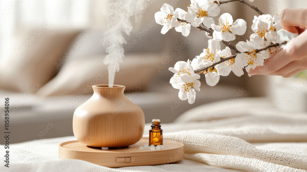 Poster person using diffuser with essential oils in cozy bedroom, surrounded by beautiful flowers, creating