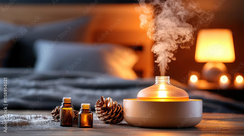 Poster person using diffuser with essential oils in cozy bedroom, creating calming atmosphere with soft lighting and natural elements. warm glow enhances relaxation