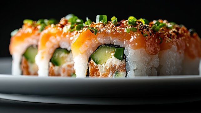 Delicately constructed sushi rolls featuring fresh salmon, cucumber, and avocado, topped with herbs and spices, presented on a sleek white plate.