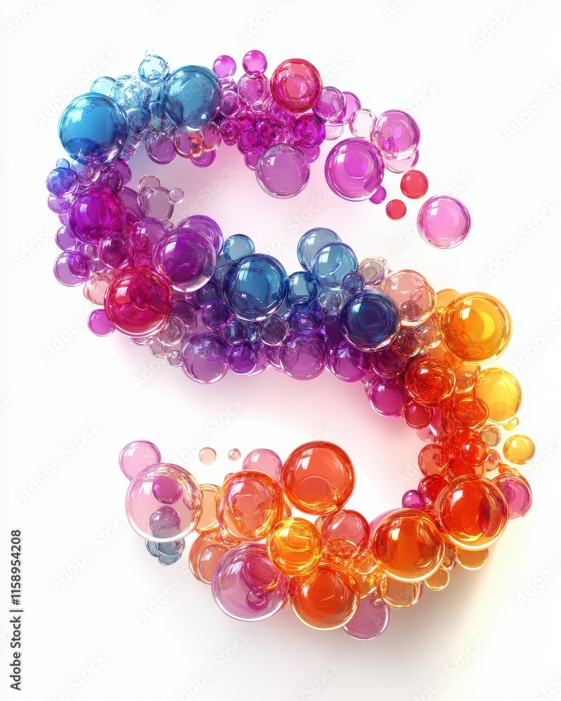 Poster colorful abstract bubbles forming a swirling shape with transparency and light reflections in vibran