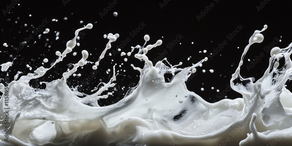 Poster abstract splashes of milk create captivating shapes and patterns against a black background, showcas