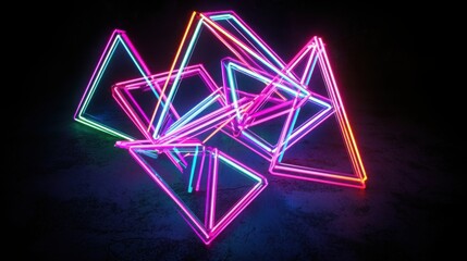 A vivid arrangement of neon tubes forming various geometric shapes in bright colors against a dark background, showcasing creativity and modern design.