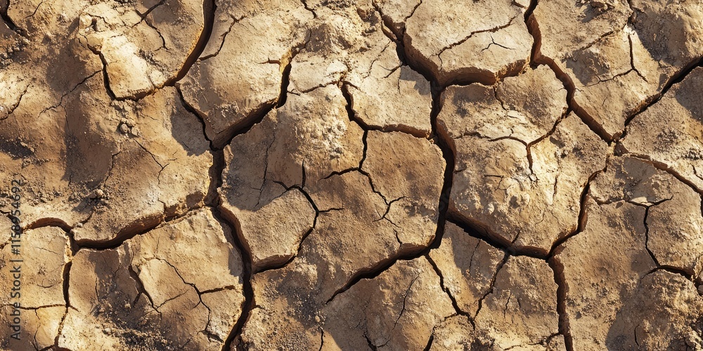 Poster close up view of cracked soil displaying the intricate patterns and textures, highlighting the dryne