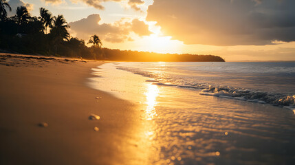 Obraz premium Golden sunset reflecting on calm ocean waves at a tropical beach during late afternoon with silhouetted palm trees in the background