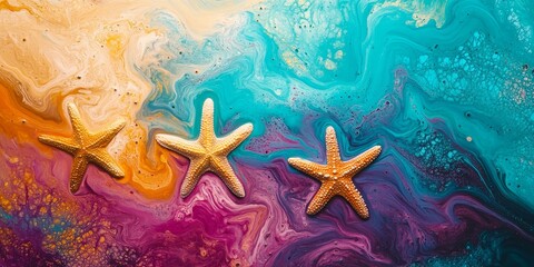Vibrant textured background art featuring a dynamic pouring technique with colorful acrylics, beautifully incorporating starfish elements for an eye catching design.
