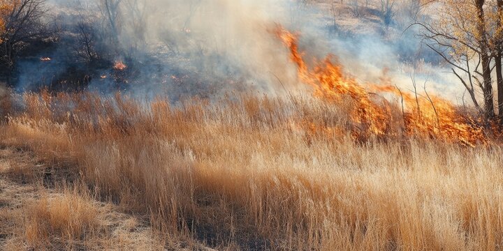 Brushfire consuming dry grasses in late fall creates a dramatic scene. The brushfire emphasizes the impact of seasonal changes on the landscape, showcasing the intensity of a brushfire s effects.