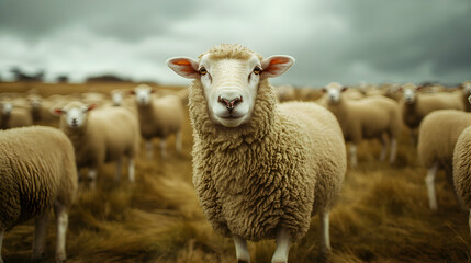 Obraz premium Flock of sheep grazing in a lush green field under a dramatic overcast sky