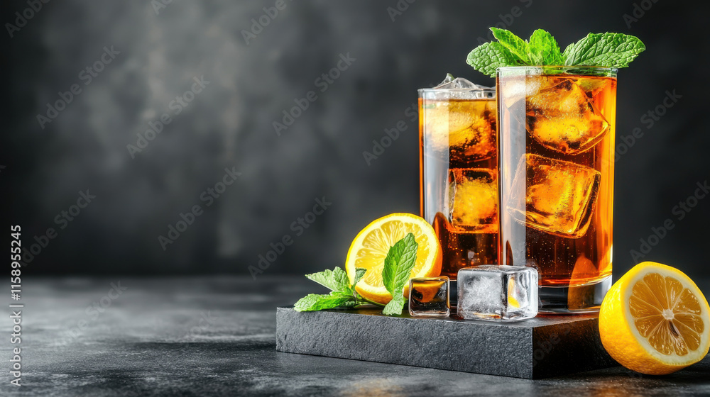 Poster refreshing iced tea with mint leaves and lemon slices, served in tall glasses with ice cubes. perfec