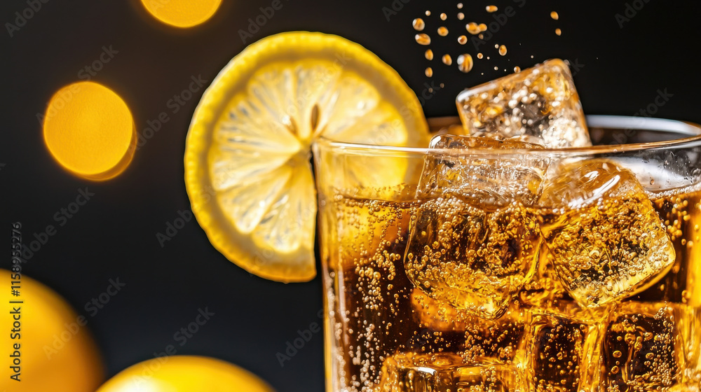 Aufkleber refreshing glass of lemonade with ice cubes and slice of lemon, sparkling with bubbles, perfect for hot day. Enjoy vibrant colors and refreshing taste