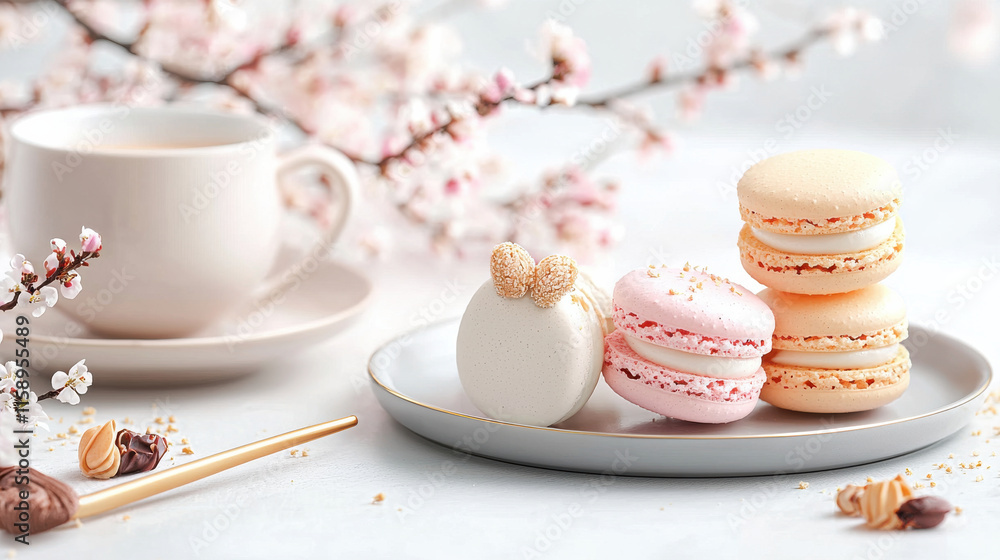 Poster delightful arrangement of colorful macarons on delicate plate, accompanied by cup of tea and cherry 