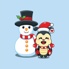 Cute ladybug playing with Snowman in Christmas day.