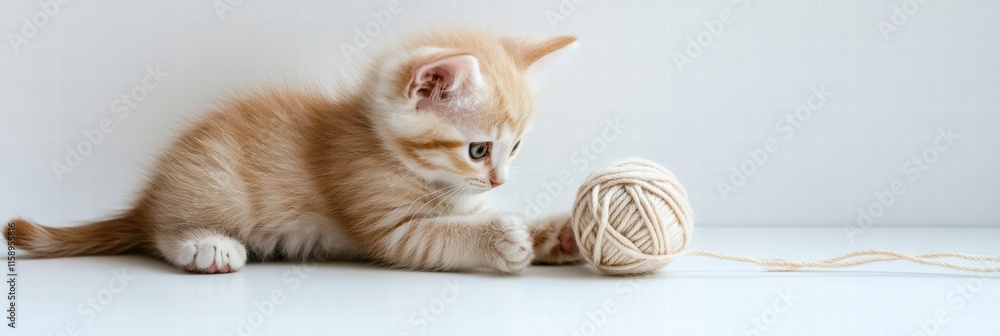 Poster cute kitten joyfully playing with a ball of yarn in a bright indoor space during the day. generative