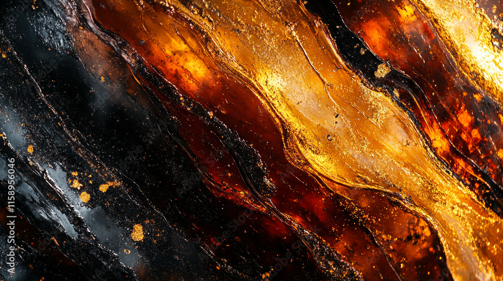 Poster abstract artwork featuring vibrant gold and black swirling patterns with hints of red tones in a tex