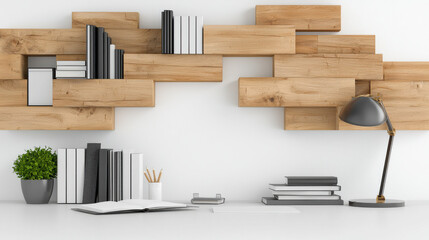 tidy home office featuring organized bookshelf, desk lamp, and decorative plant. wooden wall design adds modern touch, creating serene workspace atmosphere