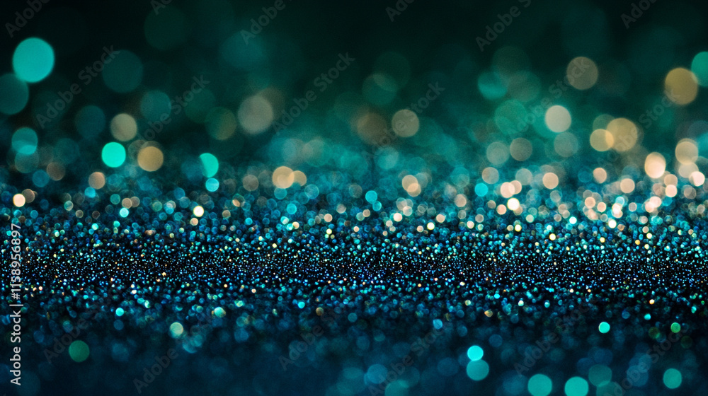 Poster sparkling teal glitter background with bokeh effect reflecting light